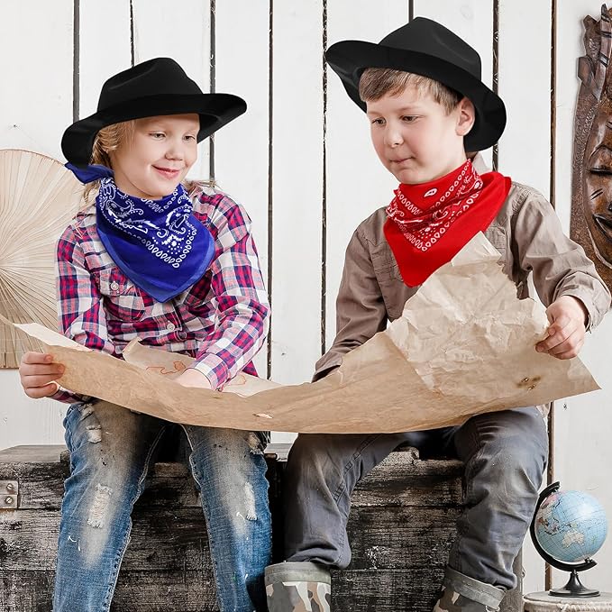 Hillban 72 Pcs Western Cowboy Hat and Paisley Bandana Set for Kids Felt Cowboy Party Hats for Costume Party Favors(Black)