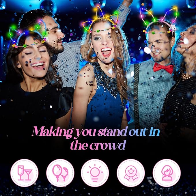 Xinnun 50 Pcs LED Unicorn Ear Headbands Bulk, Light up Cat Flower Headband Glow Crown Rabbit Ear Head Accessories for Adults Valentine's Day Mardi Gras Carnival Glow in the Dark Supplies