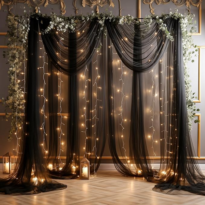 20x8ft Black Tulle Backdrop Curtain with Lights String for Parites, Sheer Photo Backdrop Curtains with Lights for Wedding Backdrop Ceremony Reception Bridal Shower Baby Shower Birthday Party