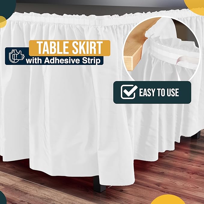 Exquisite Ruffle Table Skirt White Pack Of 12, 14 Ft Long Table Skirts for Rectangle Tables 6ft Plus or Round Tables Skirts with Adhesive Strip for Gender Reveal Decor & Happy Birthday Parties