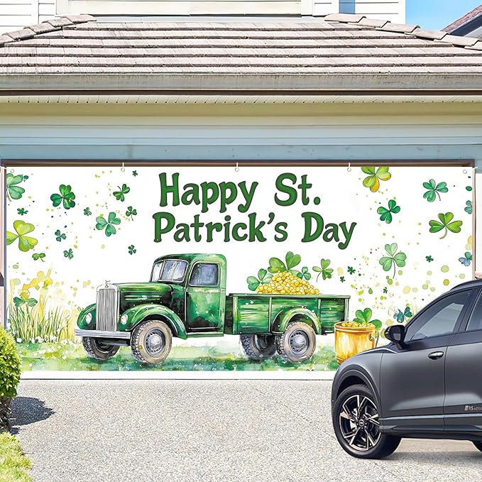 St. Patrick’s Day Garage Door Banner 7x16FT, Green Truck & Shamrocks Garage Door Cover, Festive Outdoor Decoration for St. Patrick’s Day Parties and Yard