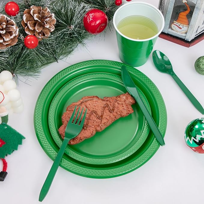 MirthMood 350pcs Green Plastic Plates, green Plates Set, Including Green Disposable Plates and Napkins, Plastic Cutlery and 12OZ Cups, Serve 50 Guests for Party & Wedding