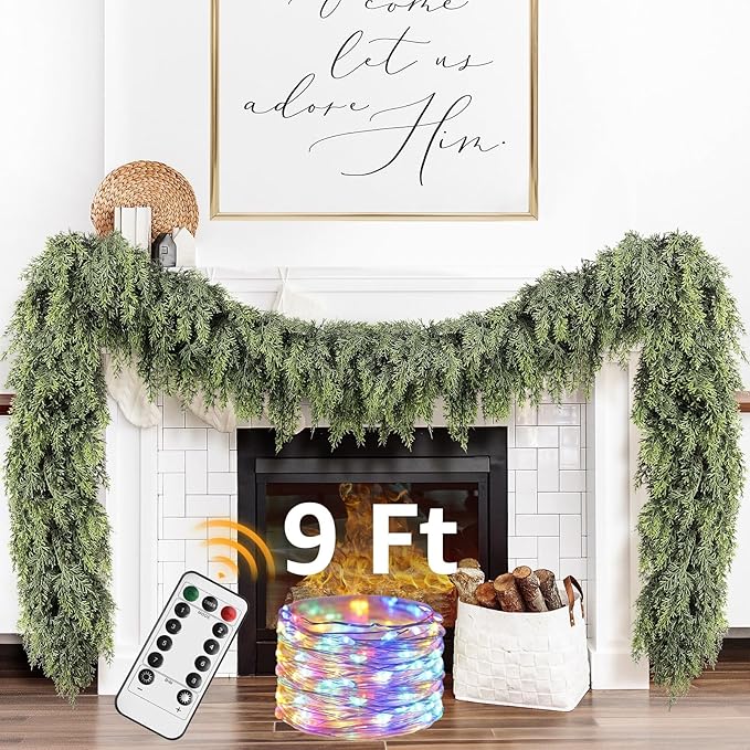 Cedar Christmas Garland for Mantle - Decorations with Lights 9ft Realistic Lighted Faux Pine Garlands for Xmas Home Decoration Indoor Stairs Railing Fireplace Outdoor 9 ft Prelit Garland Door Decor