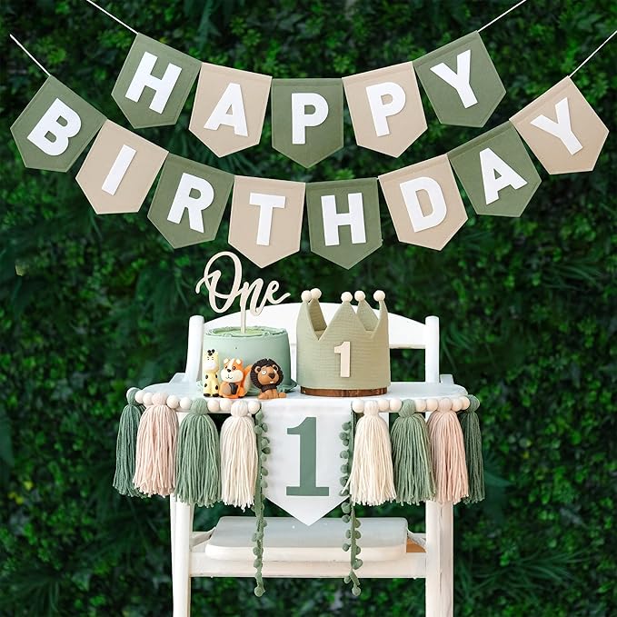 Wild One High Chair Banner Felt Green Happy Birthday Banner Pre-Strung Birthday Party Decorations For Boy 1st Birthday Decoration