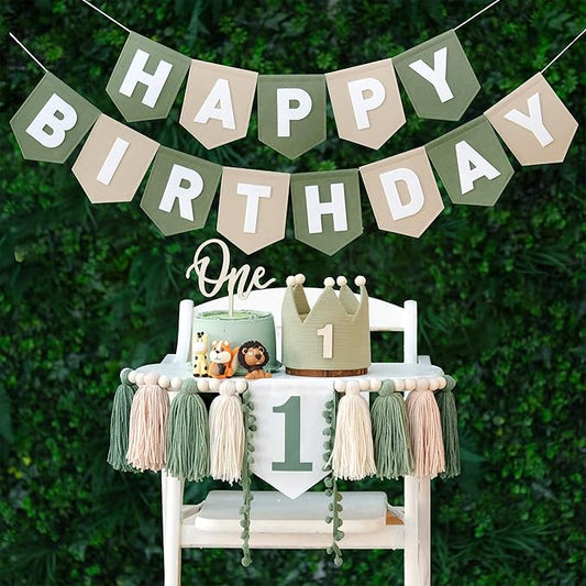 Wild One High Chair Banner Felt Green Happy Birthday Banner Pre-Strung Birthday Party Decorations For Boy 1st Birthday Decoration