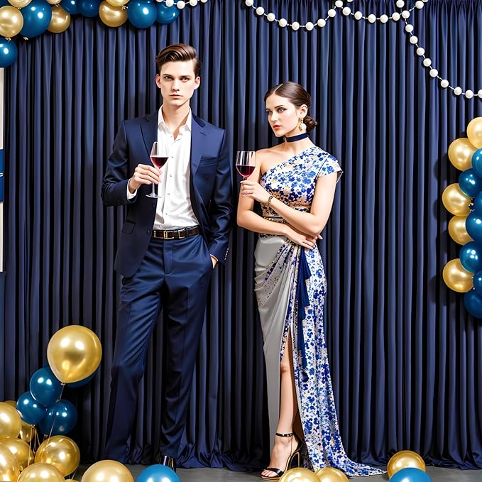 40 ft x 10 ft Wrinkle Free Navy Blue Backdrop Curtain for Parties,Polyester Photo Backdrop Drapes, Thick Background 8 Panels 5ft x 10ft for Baby Shower Wedding Birthday Party Backdrop Stand