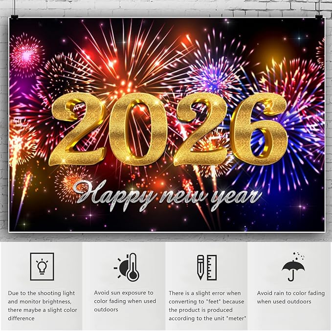 YongFoto 2026 Happy New Year Backdrop 20x10ft Glorious Night Sky Fireworks Photography Background Christmas Night Festival Carnival Family Party Banquet Decor Banner Photoshoot Wallpaper Photo Booth