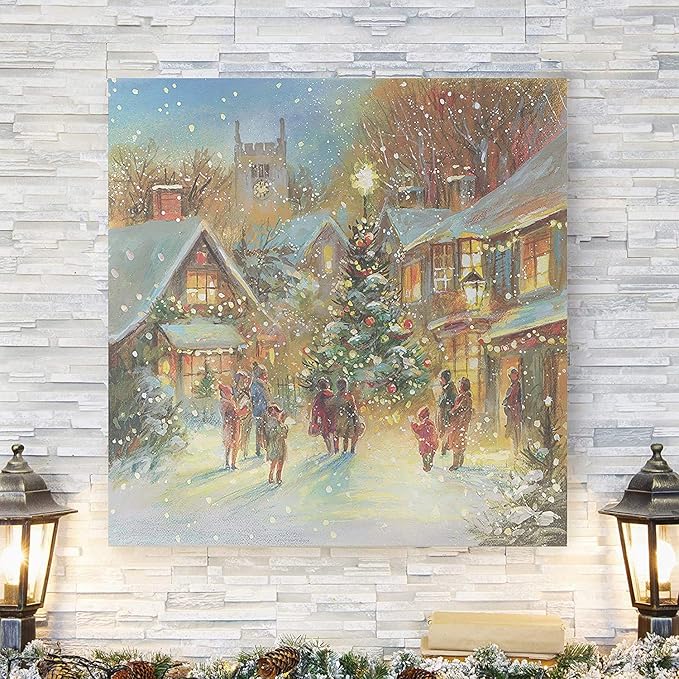 Renditions Gallery Evening Carol by Jim Mitchell Wall Art, Christmas Decor, Idyllic Winter Town, Vibrant Colors, Premium Gallery Wrapped Canvas, Ready to Hang, 16 in H x 16 in W, Made in America