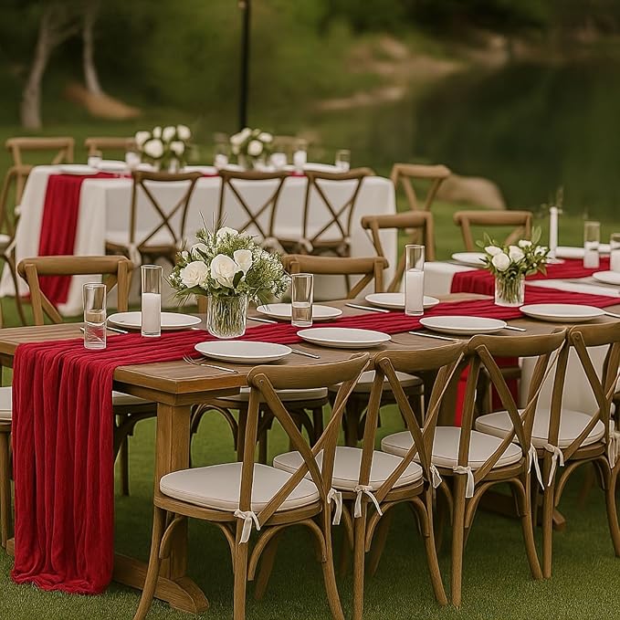12 Pack Red Cheesecloth Table Runner Set – 10FT x 12pcs Gauze Boho Table Runners for Wedding Party Bridal Shower Baby Shower Dinner Holiday Rustic Decorations