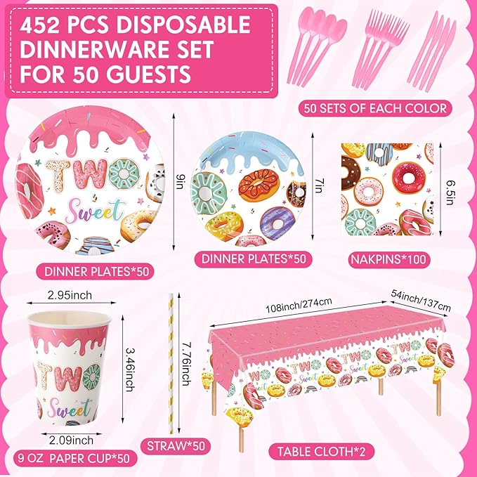 452 Pcs Donut Two Sweet Birthday Decorations Girls for 50 Guests, Pink Donut Themed Paper Plates Cups Napkins Tablecloth Cutlery Straws for Baby Girl 2nd Birthday Party Supplies