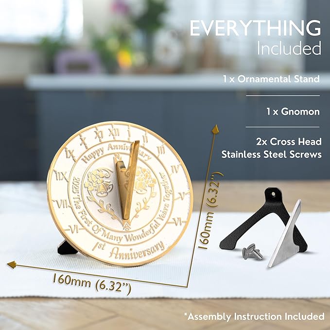 The Metal Foundry Personalized 1st Sundial - Recycled Solid Brass UK Manufactured Home Decor, Garden Present Idea for Him, Her, Parents, Friends, Couple On First Year of Marriage