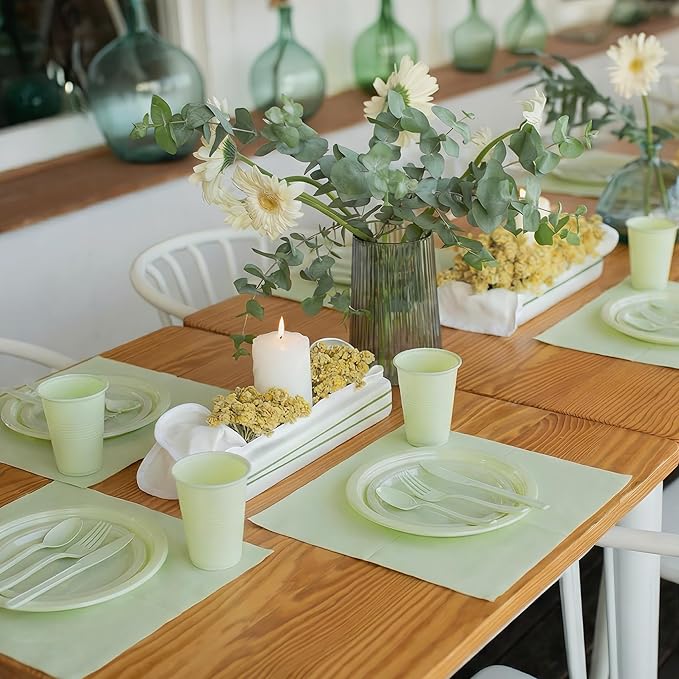 Kochorie 480 Pieces Sage Green Plastic Dinnerware Set Disposable Heavy Duty Plates Napkins Cups Silverware Dessert Dinner Plates for Birthday Wedding Baby Shower Party Supplies, Serves 60 Guests