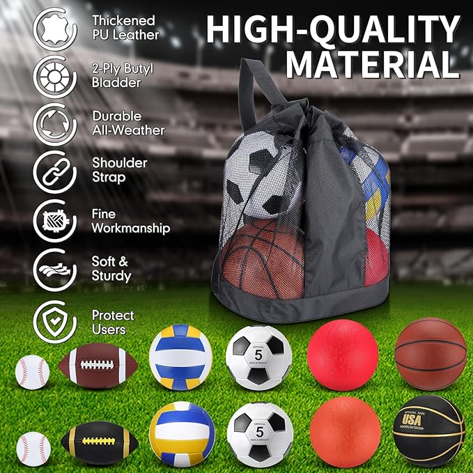 Deekin 12 Pcs Assorted Sport Ball Set Official Size Basketball Football Volleyball Soccer Baseball Playground Ball with Bag and Pump for Youth Adult Gifts