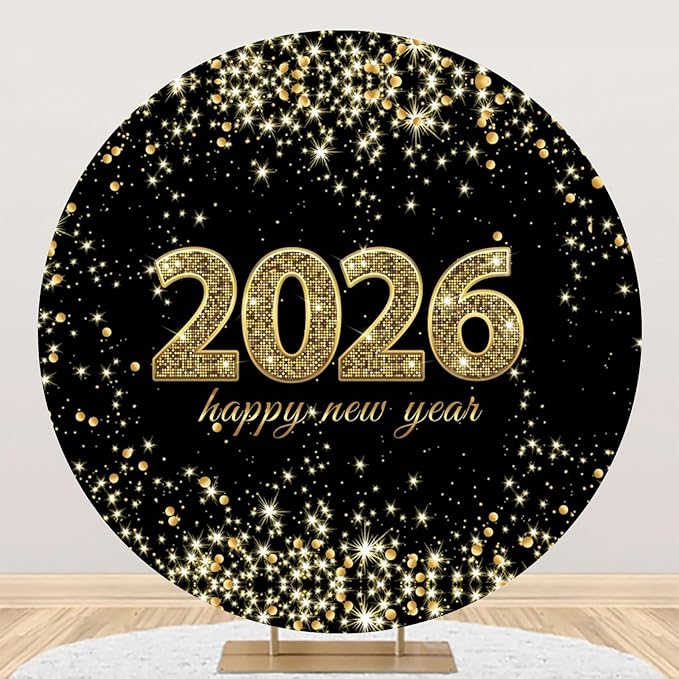 YongFoto 2026 Happy New Year Round Backdrop Cover 7ft Gold Black Photography Background Merry Christmas Xmas Eve New Year's Night Festival Carnival Family Celebration Party Banquet Decor Banner