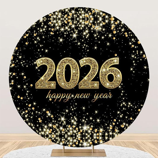 YongFoto 2026 Happy New Year Round Backdrop Cover 7ft Gold Black Photography Background Merry Christmas Xmas Eve New Year's Night Festival Carnival Family Celebration Party Banquet Decor Banner