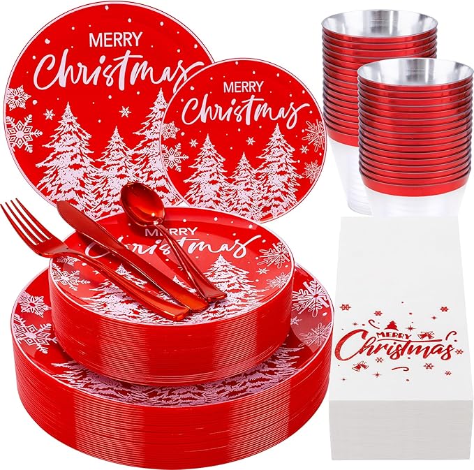 I00000 210Pcs Christmas Plastic Plates - Red Disposable Plates with Red Plastic Silverware Include 60 Plates, 30 Forks, 30 Knives, 30 Spoons, 30 Cups, 30 Napkins for Xmas Party