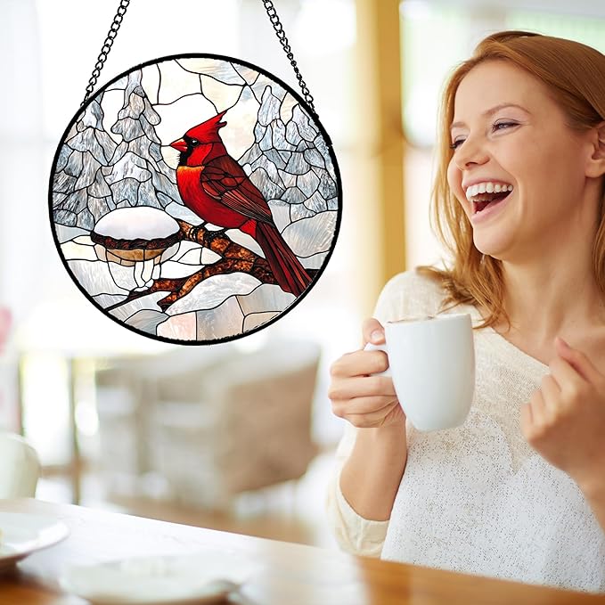 Stained Glass Window Hanging Cardinal Bird Winter Snow Scene Large 15" - Suncatcher Door Garden Sunroom Sun Catcher Home Decor Birthday Christmas for Mom Men Woman Nana