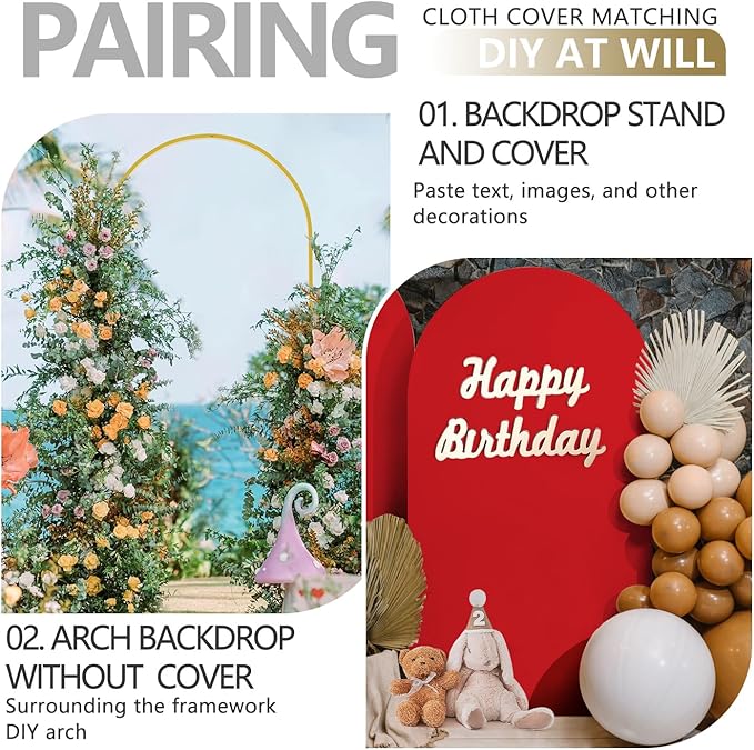 Arch Backdrop Stand and Cover Set, 3 Metal Balloon Arch Backdrop 7.2ft 6.6ft 6ft, Gold Arched Stand Frame for Wedding, Parties,Birthday, Backdrop Decorations (Red,7.2ft+6.6ft+6ft)