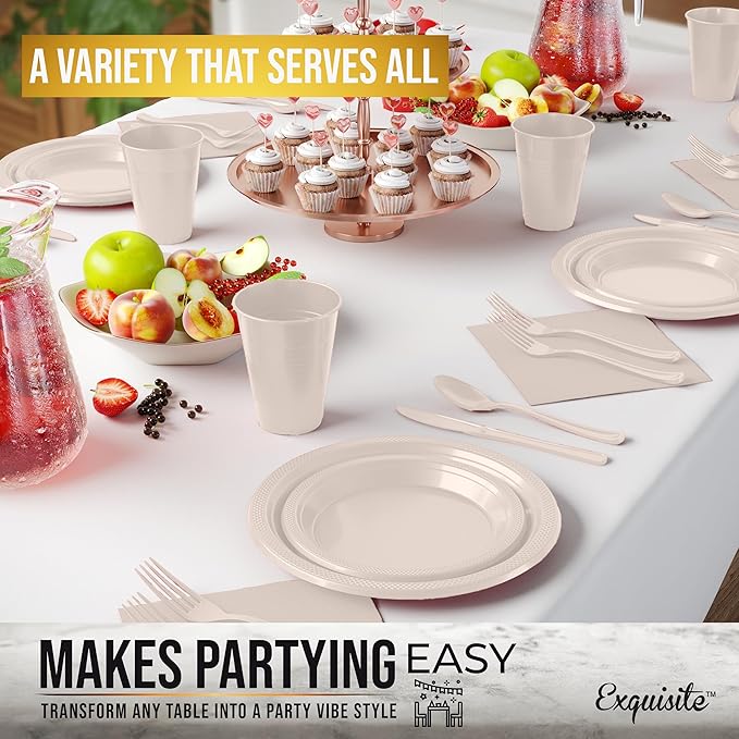 350 Pcs Ivory Plastic Plates For Party, Ivory Disposable Plates Set, 50 Of Each 9" Dinner Plate Set, 7" Dessert Plate, Cups, Napkins & Cutlery Plastic Dinnerware Exquisite