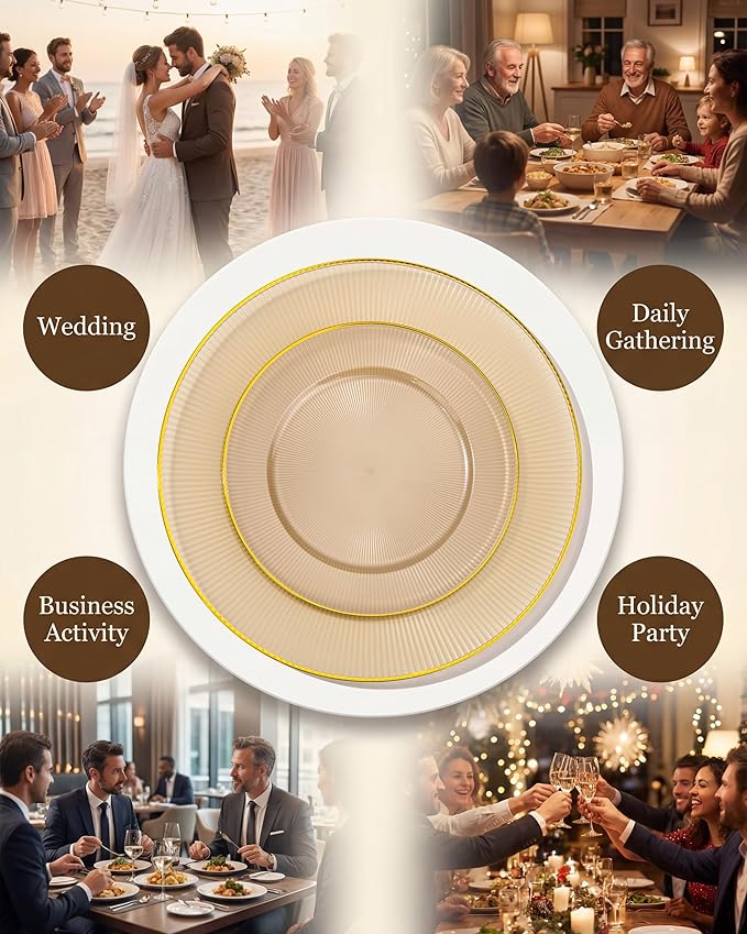 Hioasis 60pcs Brown and Gold Plastic Plates - Brown Disposable Dinnerware Set, 30pcs Dinner 10.25in & 30pcs Dessert 7.5in Plates with Striped Designs for Party & Wedding