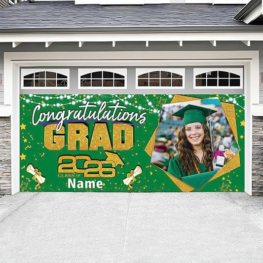 Custom Garaduation Garage Door Banner Cover 16 x 7 ft Class of 2026 Congrats Grad Party Backdrop Personalized Graduation Decoration(Dark Green and Gold)