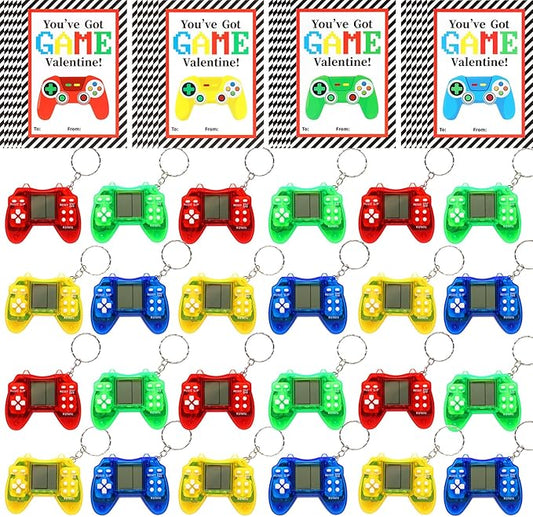 LiYiQ 24 PCS Valentines Day Gifts Cards with Video Game Keychain for Classroom, Video Games Keychains with Gift Cards, Valentine Stuffers Classroom Exchange Party Favors Gift