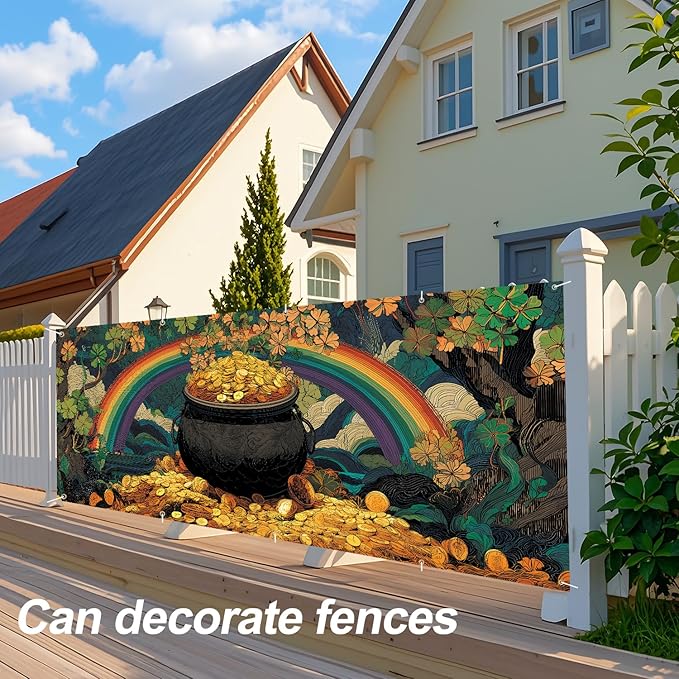 Pot of Gold St. Patrick’s Day Garage Door Banner 7x16FT, Lucky Clover & Rainbow Garage Door Cover, Outdoor Decoration for Yard & Garage on St. Patrick’s Day