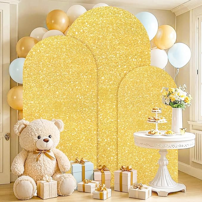 FUHSY Gold Arch Cover 7.2FT, 6.6FT, 6FT Sequin Wedding Arch Covers Stretchy Backdrop Set of 3 Glitter Spandex Arch Stand Cover Chiara Backdrop Covers for Birthday Party Baby Shower Ceremony Decor