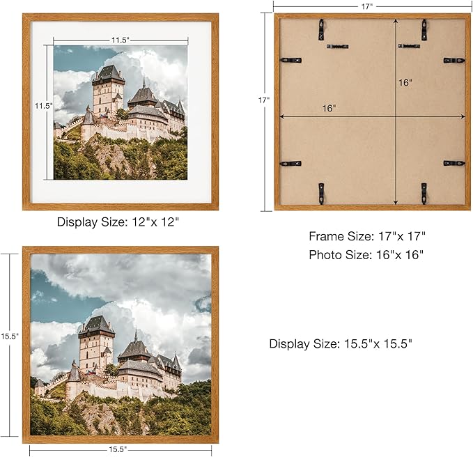 Axeman 16x16 Picture Frame with Mat for 12x12 - Solid Teak Wood Square Picture Frame with Tempered Glass, Wooden Square Photo Frame 16''x16'' for Art Photo and Prints, Hook Included, Natural Teak