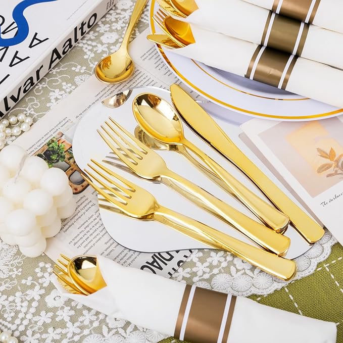 Nervure 400PCS Pre Rolled Gold Plastic Silverware Sets - Heavy Duty Gold Cutlery - Include 100 Pack Wrapped Disposable Utensils with Napkins for Parties, Dinners & Weddings