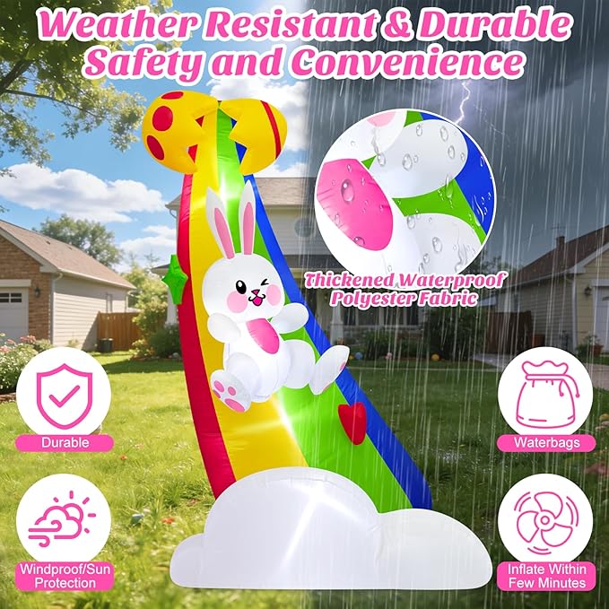MICOCAH 6FT Tall Easter Inflatable Outdoor Decoration Cute Blow Up Bunny Sliding on Rainbow, Built-in LED Light Blowups Egg Yard Decor for Outside, Lawn, Patio, Garden, Spring, Holiday, Party