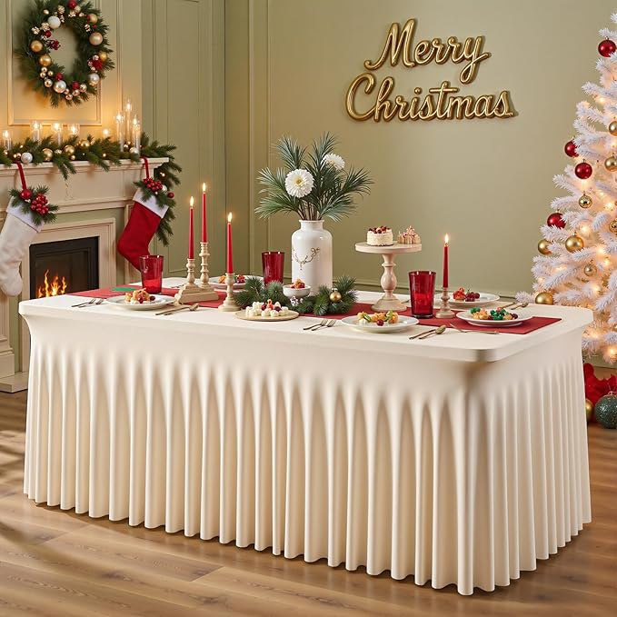 2 Packs Light Champagne Table Clothes for 8 Foot Rectangle Tables, One-Piece Wrinkle Resistant Stretch Spandex Table Covers with Skirt for Event Banquet Wedding Birthday Party