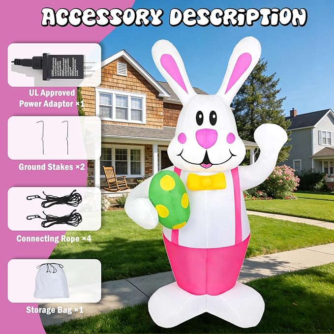 Dearsun 6.2FT Easter Inflatables Bunny Outdoor Decorations Easter Bunny Blow up Yard Decorations with LED Lights for Holiday Party Indoor Outdoor Décor