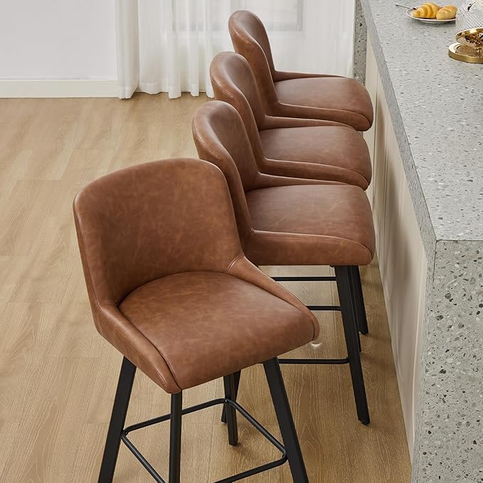 Swivel Bar Stools Set of 3, 29''H Upholstered Barstools with Backs, Modern Counter Height Bar Stool Chairs for Kitchen Island, Metal Legs, Faux Leather, Brown Counter Stools