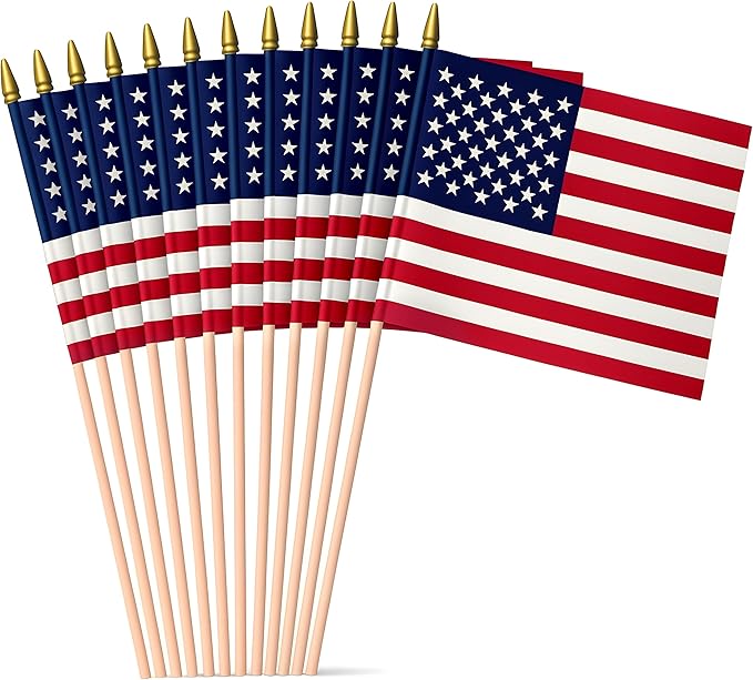 Super Tough Small American Stick Flags 1’x1.5’ | Cotton Outdoor Flag on 2.5’ Wooden Stick | Mini Flags Patriotic Decor for Various Holiday Parties and National Flag Day | 25 Pack