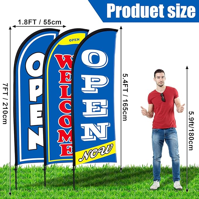 Buryeah 3 Sets Now Open Feather Flag Banner for Business Advertising 7 Feet Tall Grand Opening Feather Flag Sign with Fiberglass Pole Kit Rotating Ground Spike and Portable Bag (Blue)