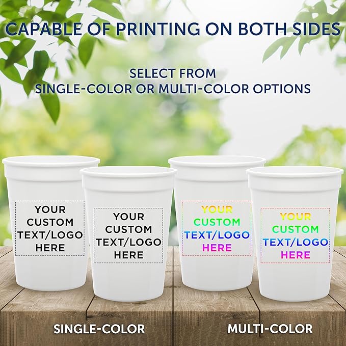 Custom Disposable Plastic Cups 12 oz. Set of 50, Personalized Bulk Pack - Perfect for Summer, Sporting Events, Birthdays, Weddings, Picnic, Beach, Parties - White