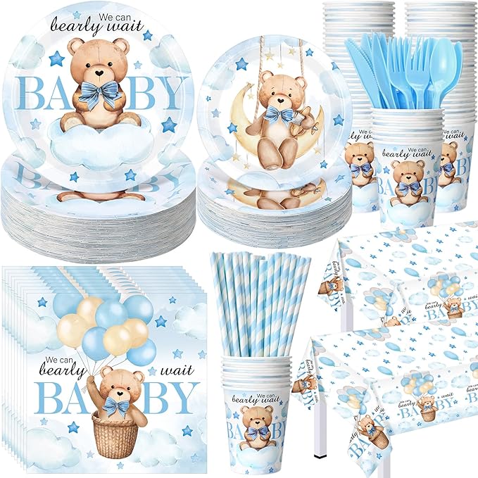 452 Pcs We Can Bearly Wait Baby Shower Decorations, Blue Bear Paper Plates Napkins Cups Tablecloth Cutlery Straws for Blue Baby Shower Gender Reveal Birthday Party Supplies, Serves 50
