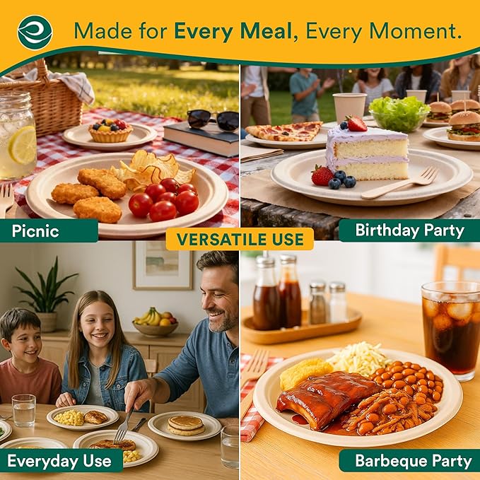 ECO SOUL 9 Inch Compostable Disposable Paper Plates [400 Pack] Food Safe 100% Virgin Bagasse Pulp Heavy Duty Biodegradable Microwave Safe Large Round Dinner Plate for Party, Picnic & BBQ (Brown)
