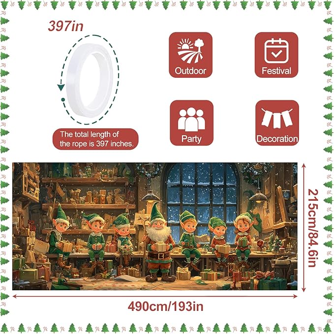 Santa's Workshop Christmas Garage Door Banner 7x16FT, Santa and Elves Holiday Scene, Large Outdoor Xmas Decoration for Garage Doors, Large Garage Cover for Christma