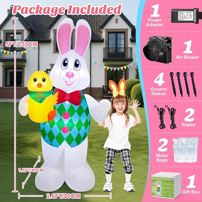 Danxilu 5 Foot Easter Inflatables Outdoor Decorations, Cute Blow Up Bunny Holding Chick for Outside, Built in LEDs Spring Holiday Inflatable Yard Decoration for Party Indoor Garden Lawn
