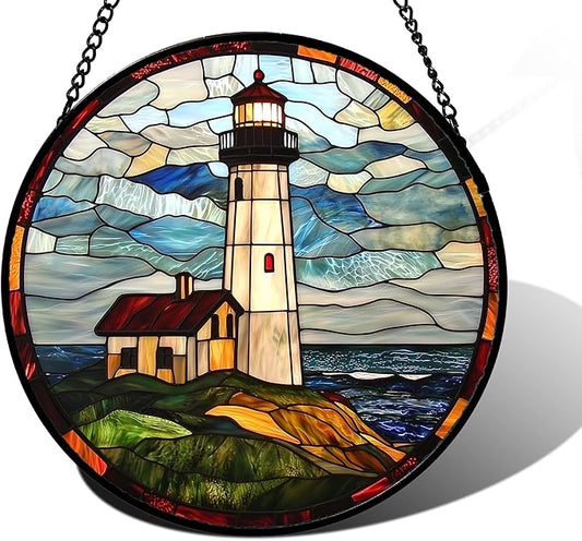 Stained Glass Window Hanging, Ocean Lighthouse Sun Catchers Glass Panel Blue Green Suncatcher Decor for Birthday for Women, Men, Wife, Aunt, and Mom 11.8 in