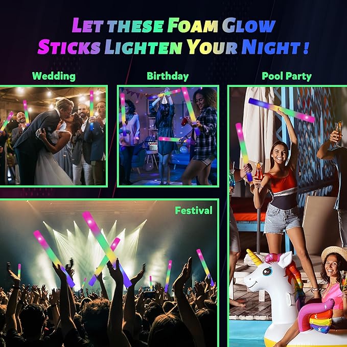 100 Pcs 18.5 inch Foam Glow Sticks Bulk, 4 Color LED Light Foam Sticks, Glow In The Dark Party Supplies, 3 Modes Colorful Flashing for Birthday Wedding Easter Halloween Christmas