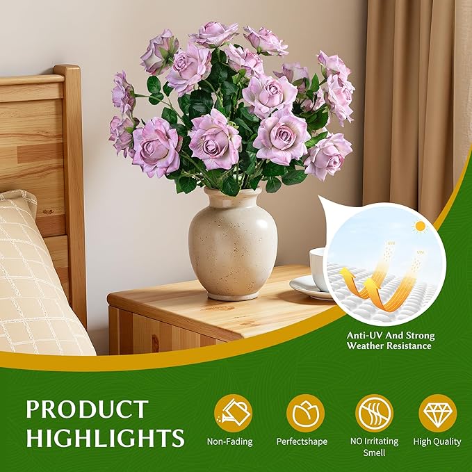 Artificial Flowers Artificial Roses Fake Roses 23.2In Long Stem Artificial Flowers for Tall Vase Silk Rose 20PCS Suitable for Wedding Party Decor Valentine's Day DIY Bouquet Spring (Purple)