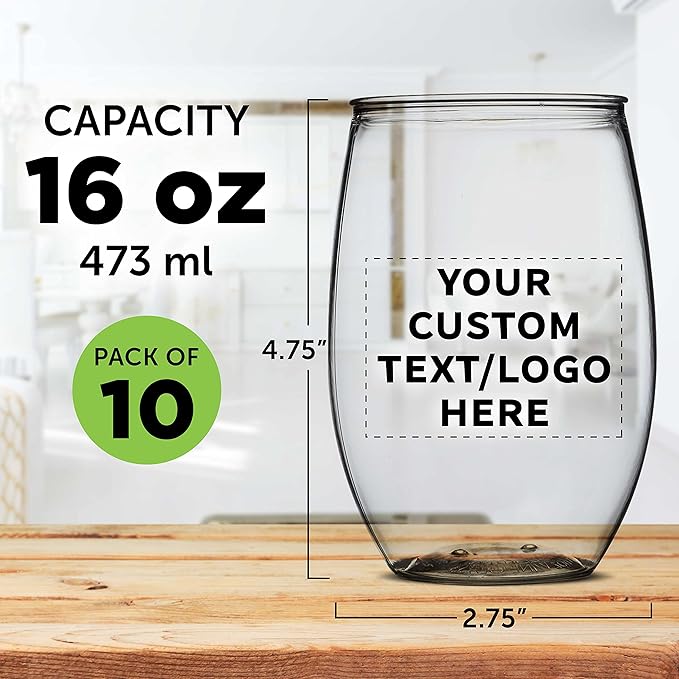Custom Plastic Stemless Wine Glasses 16 oz. Set of 10, Personalized Bulk Pack - BPA Free, Great for Outdoor Lounges, Poolside, Parties and Other Events - Clear