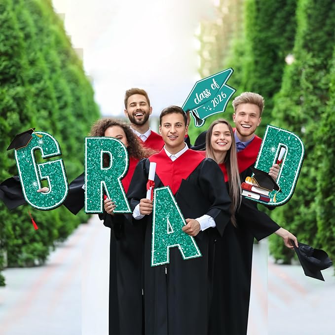 Aneco Waterproof 2026 Grad Yard Signs Plastic Graduation Yard Signs Party Outdoor Lawn Decorations 16 Inches Glitter Congrats Grad Lawn Sign with Stakes for Outdoor Party Garden Decor (Teal)
