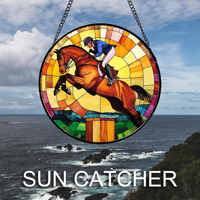 Stained Glass Window Hanging Equestrian Sports Large 15" - Horse Suncatcher Door Garden Sunroom Sun Catcher Home Decor Birthday Christmas for Mom Men Woman Nana