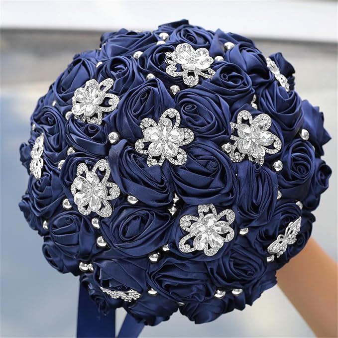 Bridal Wedding Bouquet for Bride Bridesmaid Wedding Quinceanera Throw Toss Artificial Rose Flower Bunch with Bling Brooch (AS#Navy, Large (Dia. 9.8"/24cm))