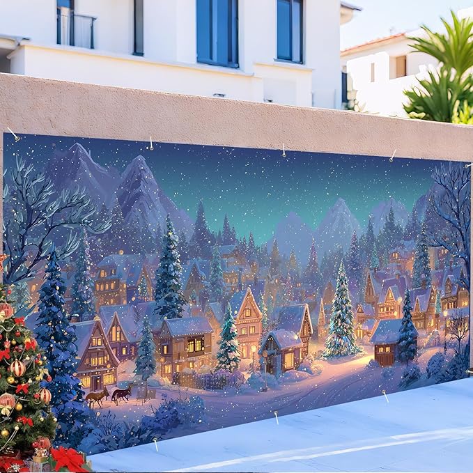 Christmas Garage Door Banner 7x16FT Winter Village Scene, Large Snowy Town Garage Door Cover, Outdoor Xmas Decoration Backdrop for Yard, Driveway & Holiday Parties