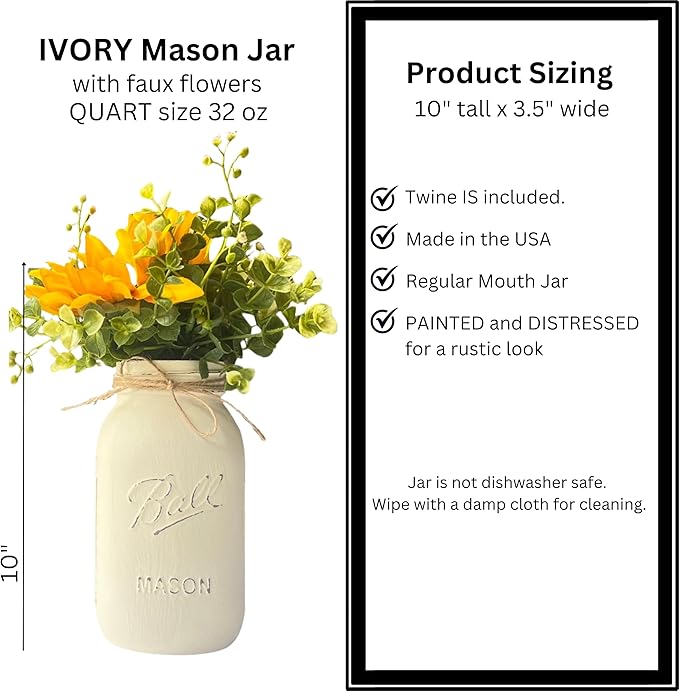 Sunflower Mason Jar Centerpieces - Sunflower Table Decor Centerpieces - Set of 5-32 oz Hand-Painted Mason Jars with Faux Sunflower Wedding Centerpieces (5 Ivory w/Greenery/Sunflower)